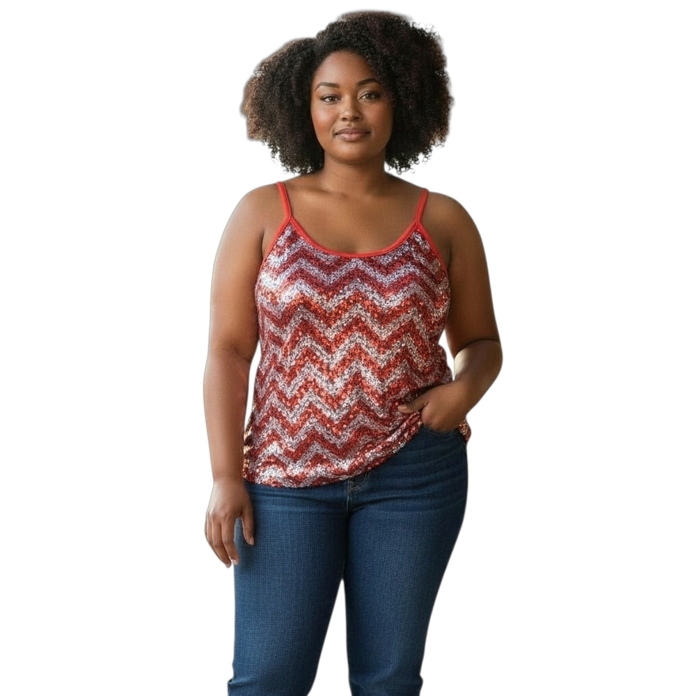 764- Deb Red & Silver Sequin Tank Top Sz 1xl